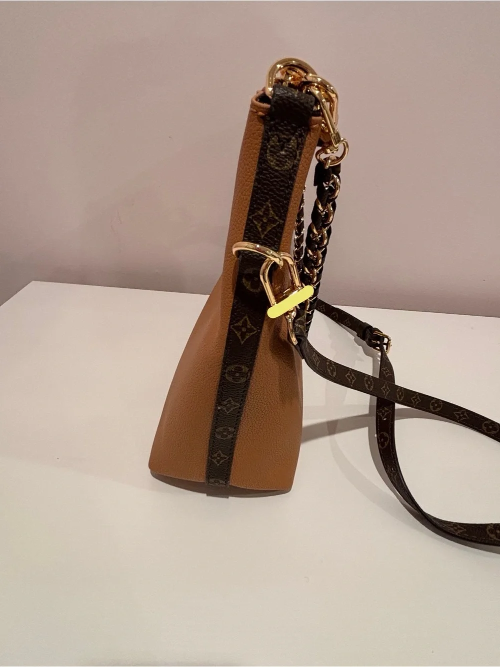 Chain-Accent Crossbody Bag in Tan